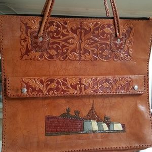 HAND TOOLED LEATHER COMPUTER/TOTE BAG
